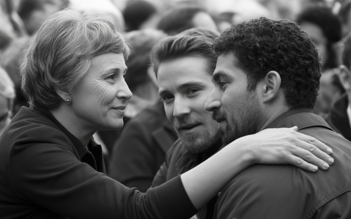 Trois personnes discutent amicalement en noir et blanc, une femme touchant l'épaule d'un homme tandis qu'un autre sourit.