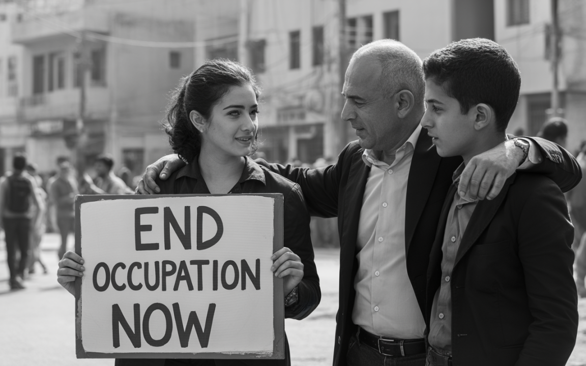 Trois personnes participent à une manifestation, tenant une pancarte avec le message « END OCCUPATION NOW » dans un environnement urbain.