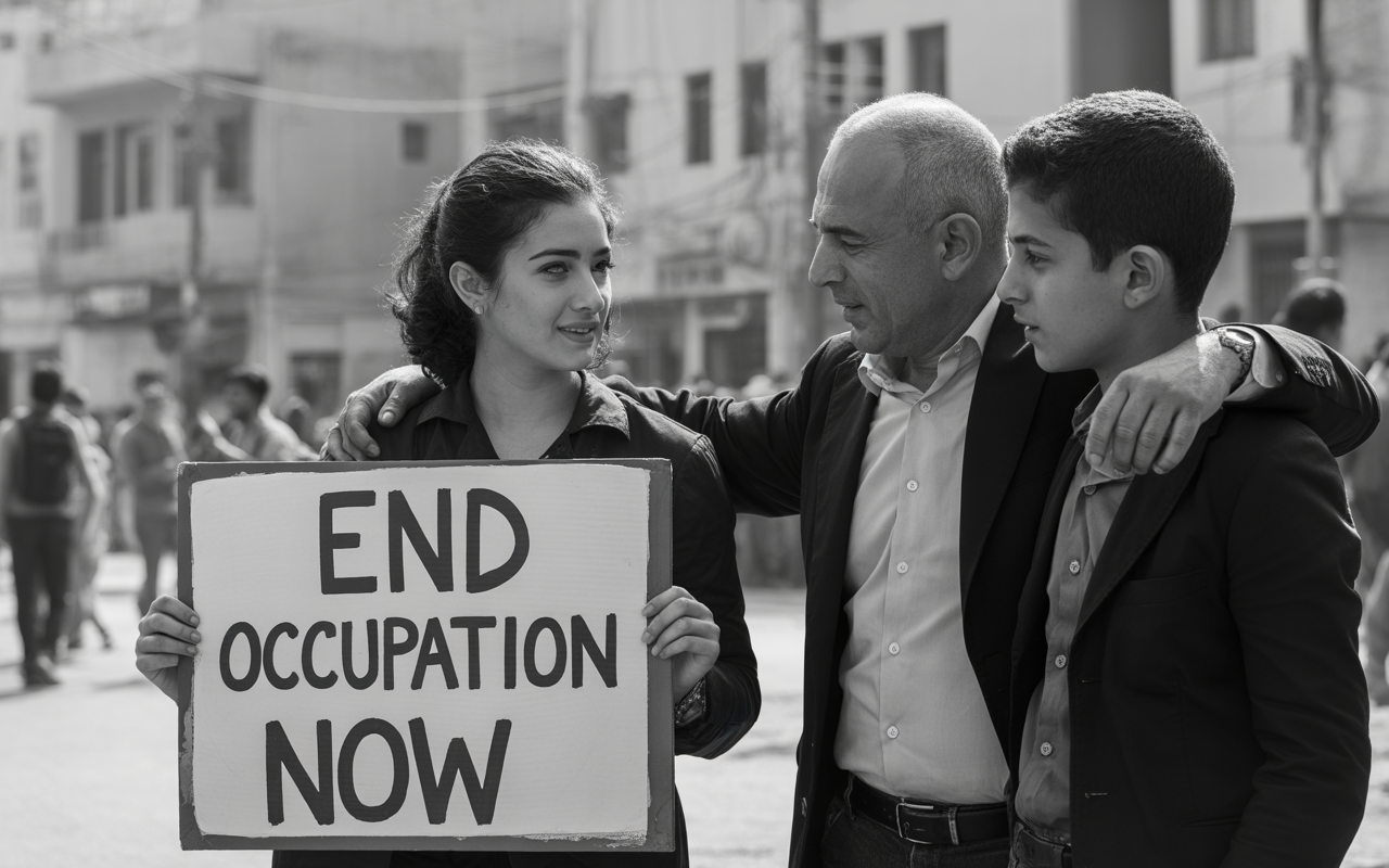 Trois personnes participent à une manifestation, tenant une pancarte avec le message « END OCCUPATION NOW » dans un environnement urbain.
