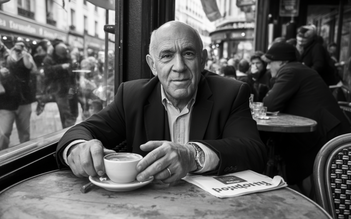 Homme dans un café, tenant une tasse de café. En arrière-plan, la foule et une ambiance de rue. Noir et blanc.