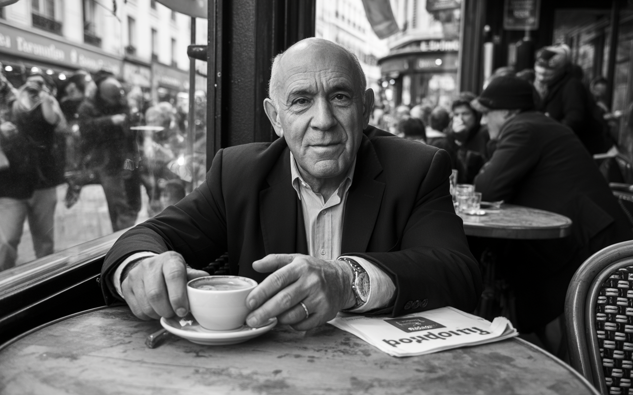 Homme dans un café, tenant une tasse de café. En arrière-plan, la foule et une ambiance de rue. Noir et blanc.