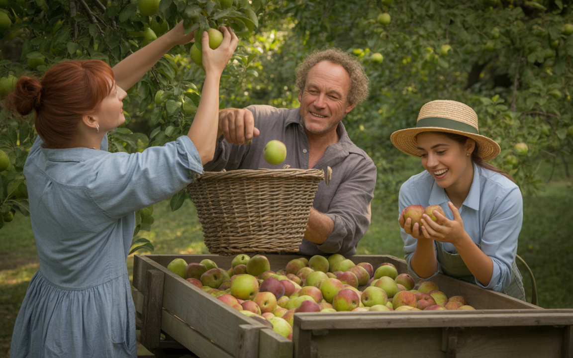 Trois personnes récoltent des pommes dans un verger, souriantes, tout en plaçant les fruits dans un panier et une caisse.