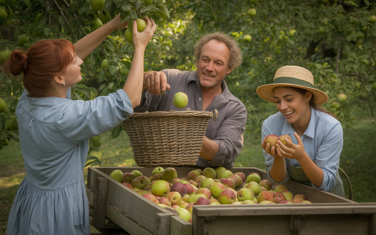 Trois personnes récoltent des pommes dans un verger, souriantes, tout en plaçant les fruits dans un panier et une caisse.
