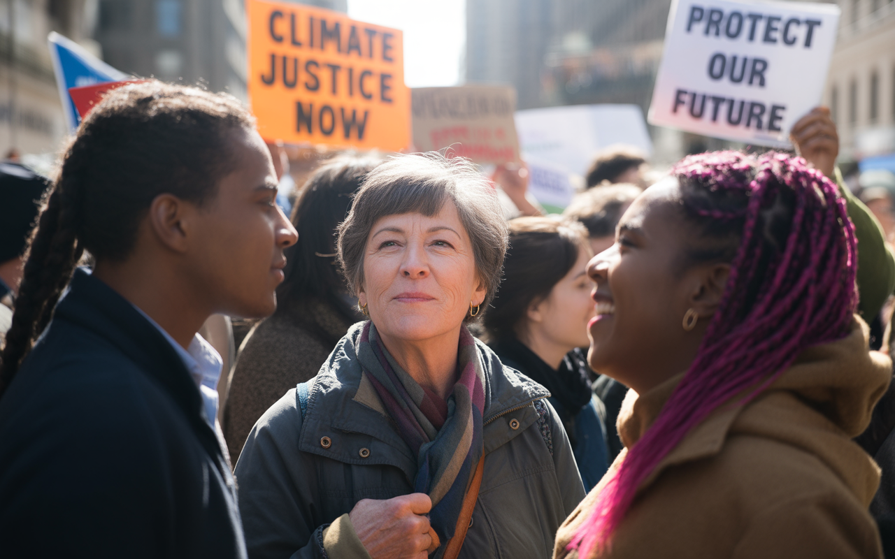 Des manifestants s'engagent pour la justice climatique, souriant et échangeant des idées, avec des pancartes en arrière-plan.