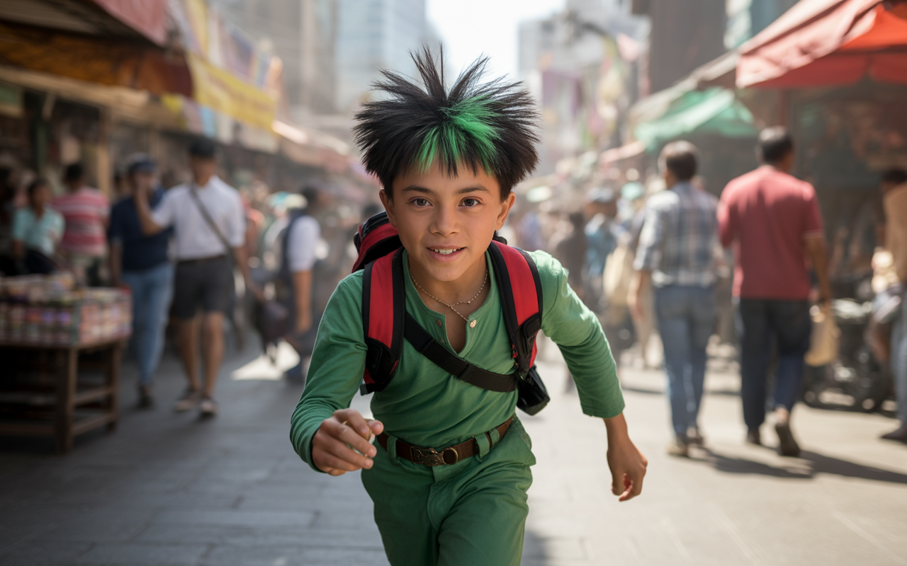 Un enfant avec des cheveux ébouriffés et verts court dans un marché animé, portant un sac à dos rouge.