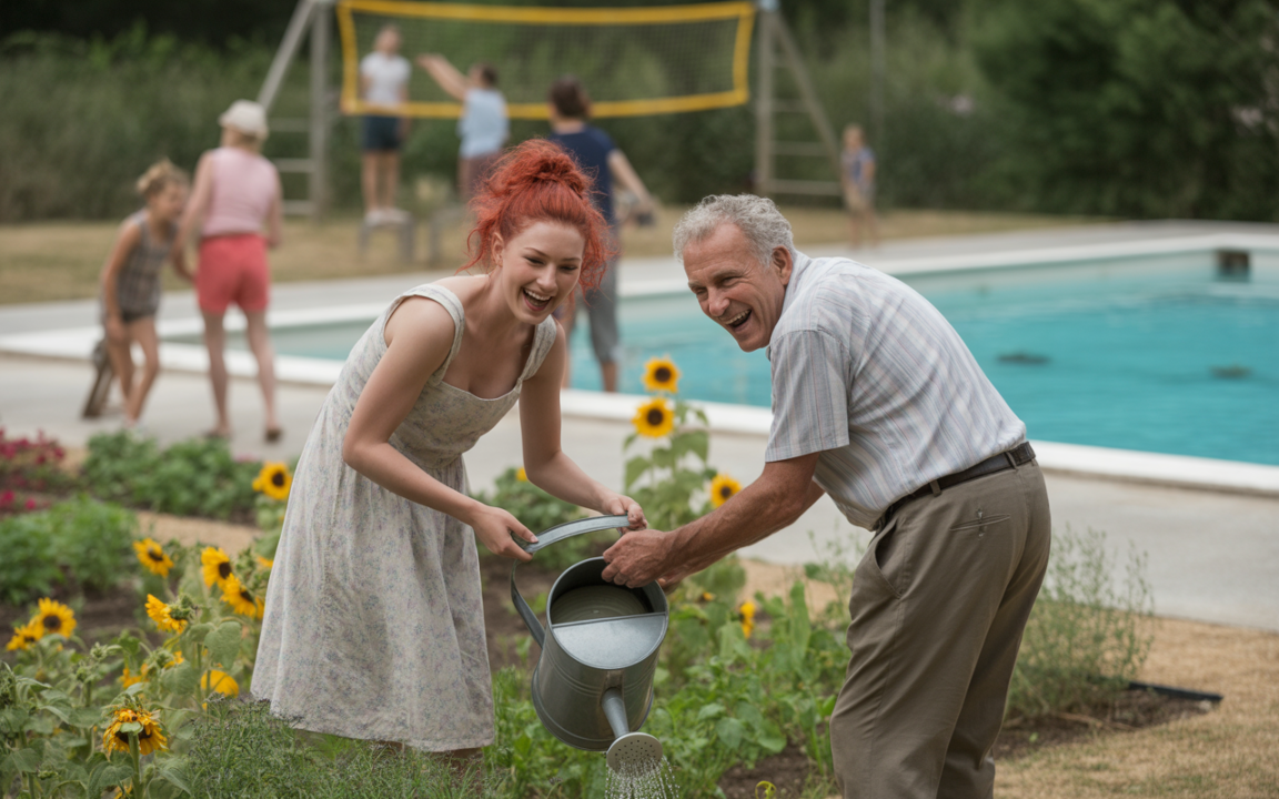 Une jeune femme et un homme âgé arrosent des fleurs, riant ensemble, avec un fond de piscine et des personnes jouant.