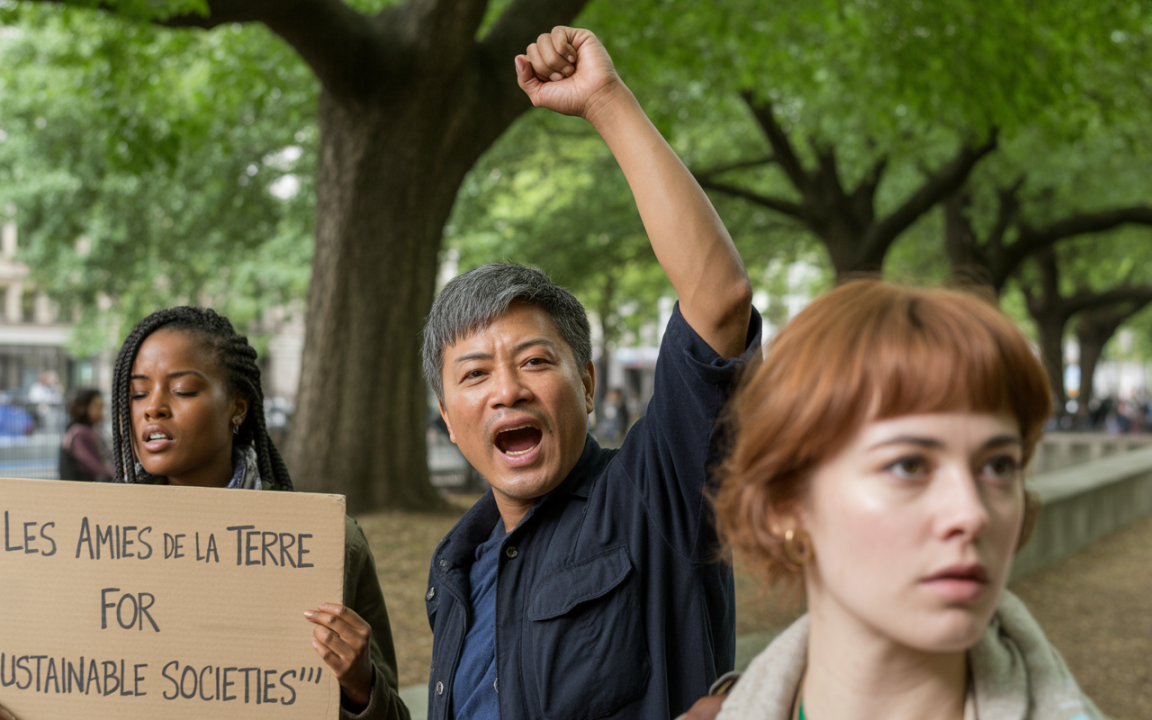Des manifestants expriment leur engagement pour l'environnement, tenant des pancartes sous un arbre, dans un parc animé.