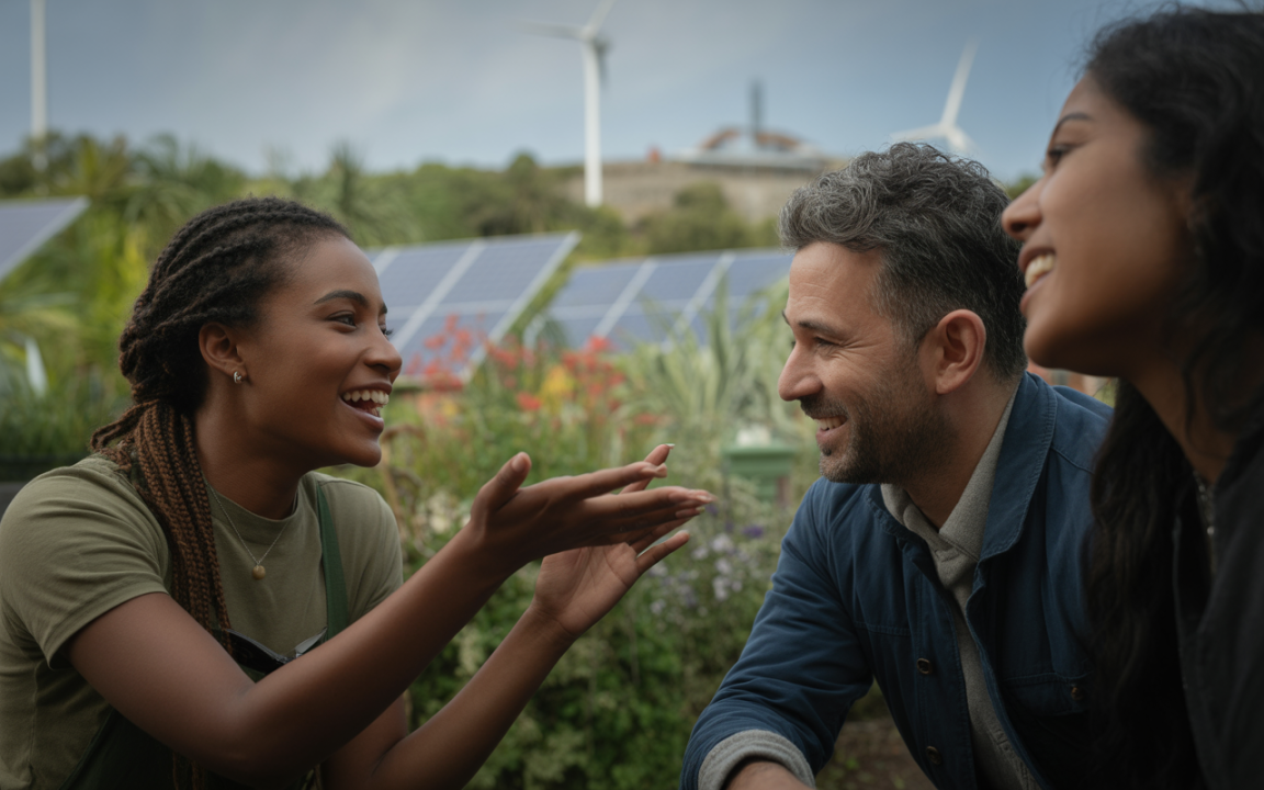 Trois personnes rient et discutent dans un cadre verdoyant, avec des panneaux solaires et des éoliennes en arrière-plan.