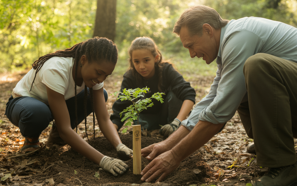 Trois personnes plantent un jeune arbre dans un cadre naturel, collaborant avec soin et enthousiasme pour la préservation de l'environnement.