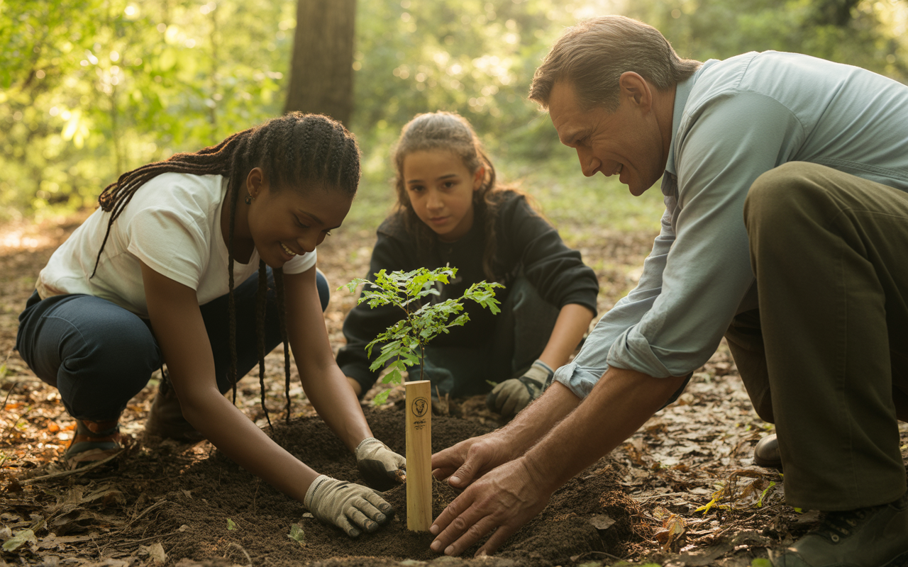 Trois personnes plantent un jeune arbre dans un cadre naturel, collaborant avec soin et enthousiasme pour la préservation de l'environnement.