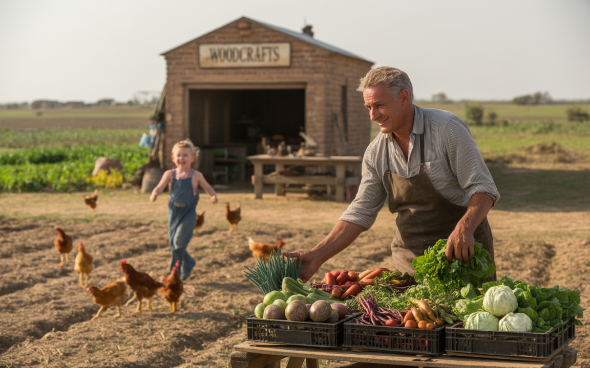 Un homme souriant vend des légumes dans une ferme, tandis qu'une petite fille joue parmi les poules.