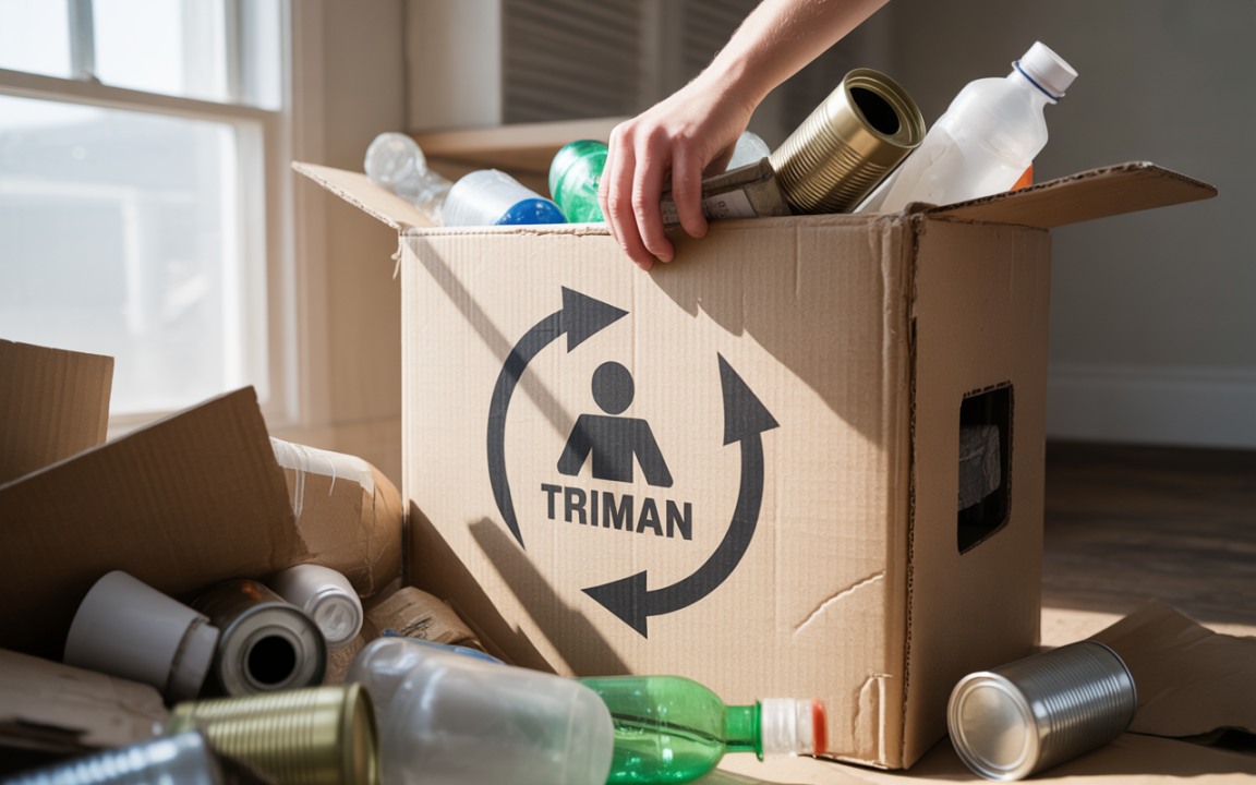 Une main dépose des objets recyclables dans une boîte en carton avec le logo Triman, entourée d'autres cartons.