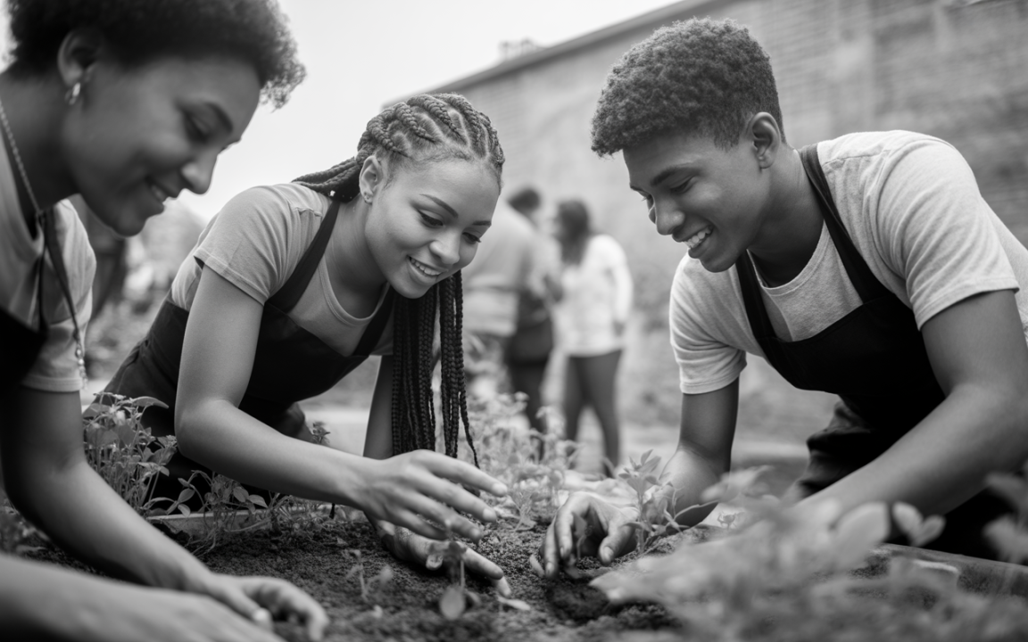 Trois jeunes cultivent des plantes ensemble dans un jardin, souriant et en pleine activité. Ambiance de collaboration et d'entraide.