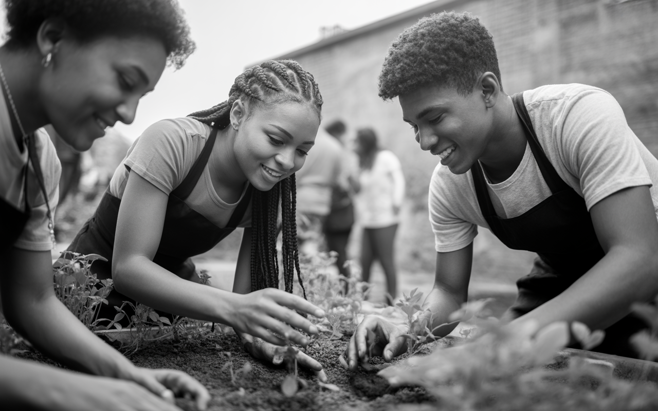 Trois jeunes cultivent des plantes ensemble dans un jardin, souriant et en pleine activité. Ambiance de collaboration et d'entraide.
