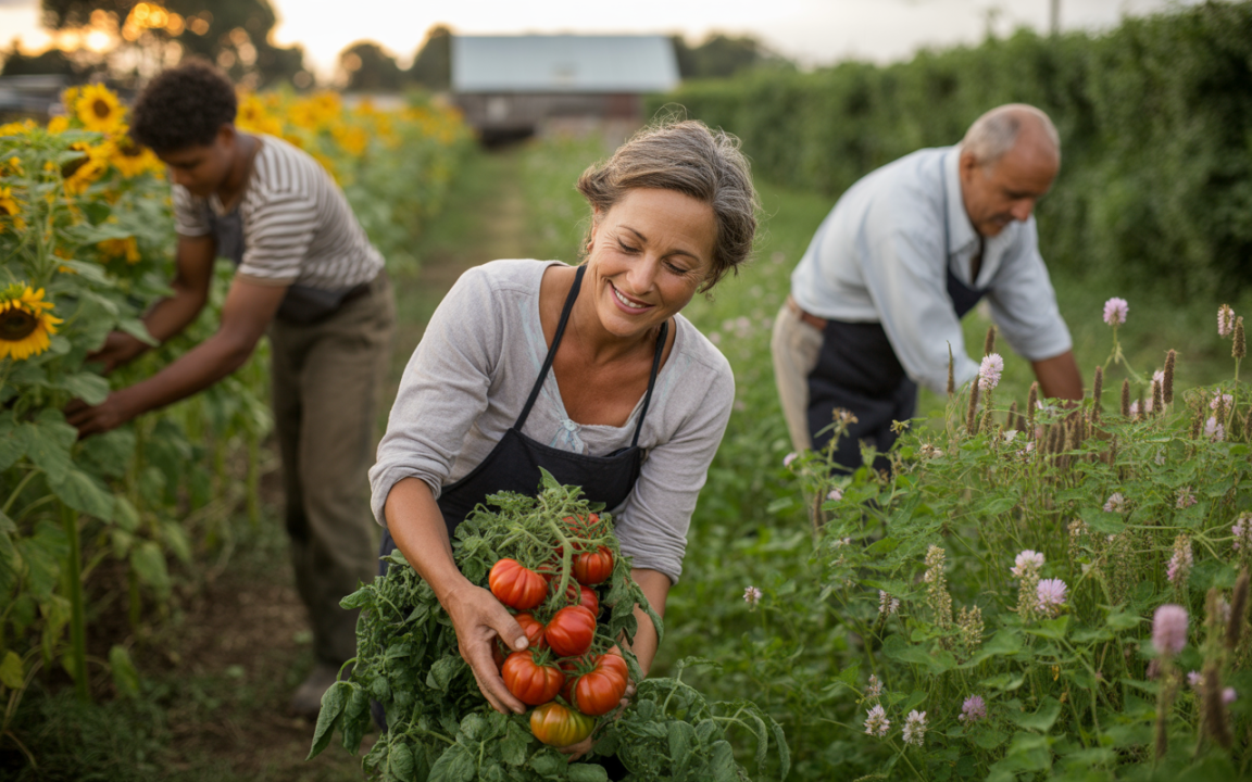 Trois personnes cultivent des tomates dans un champ, entourées de tournesols et de fleurs, sous un ciel crépusculaire.