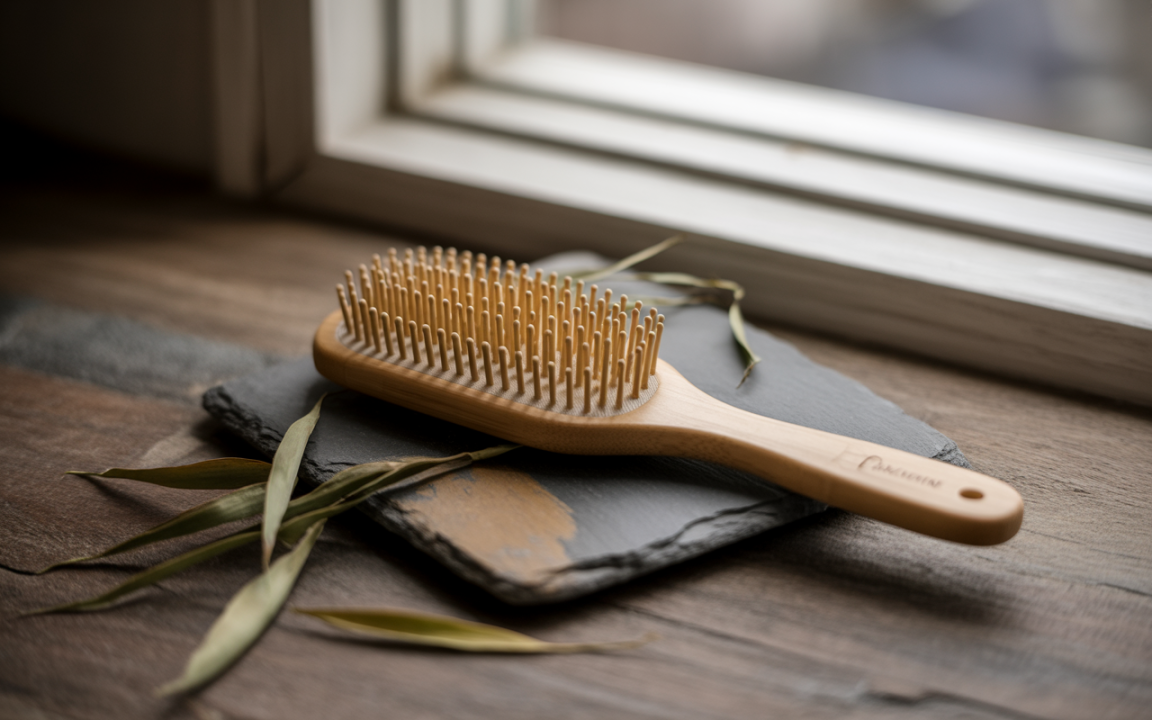 Brosse en bois sur une pierre noire, entourée de feuilles, devant une fenêtre, sur un plan de travail en bois.