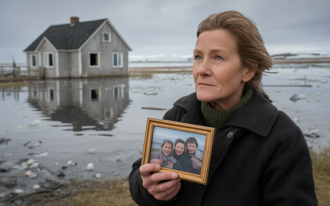 Femme tenant un cadre photo devant une maison inondée, reflet dans l'eau, ciel nuageux, ambiance mélancolique.