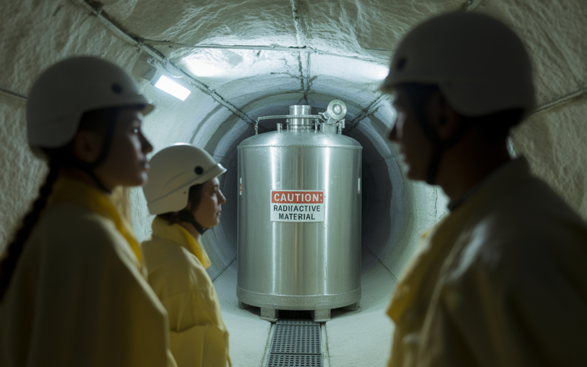 Trois personnes en équipements de protection se tiennent dans un tunnel, devant un réservoir marqué "Caution: Radioactive Material".