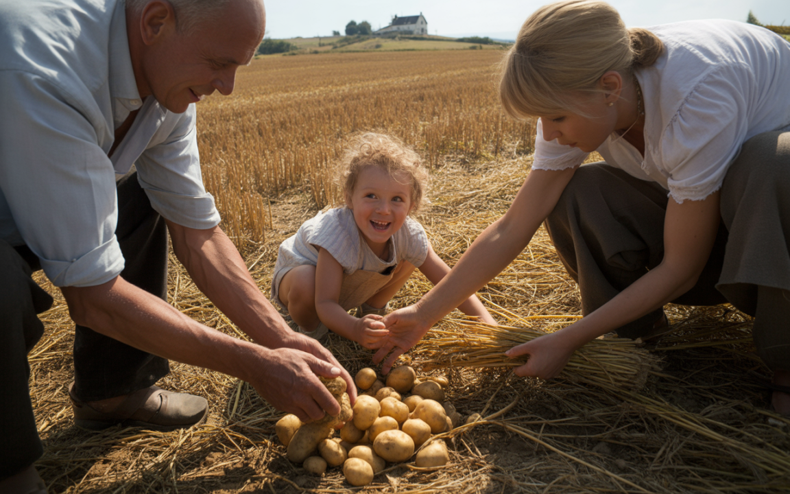 Trois personnes récoltent des pommes de terre dans un champ, avec une maison en arrière-plan et une atmosphère joyeuse.