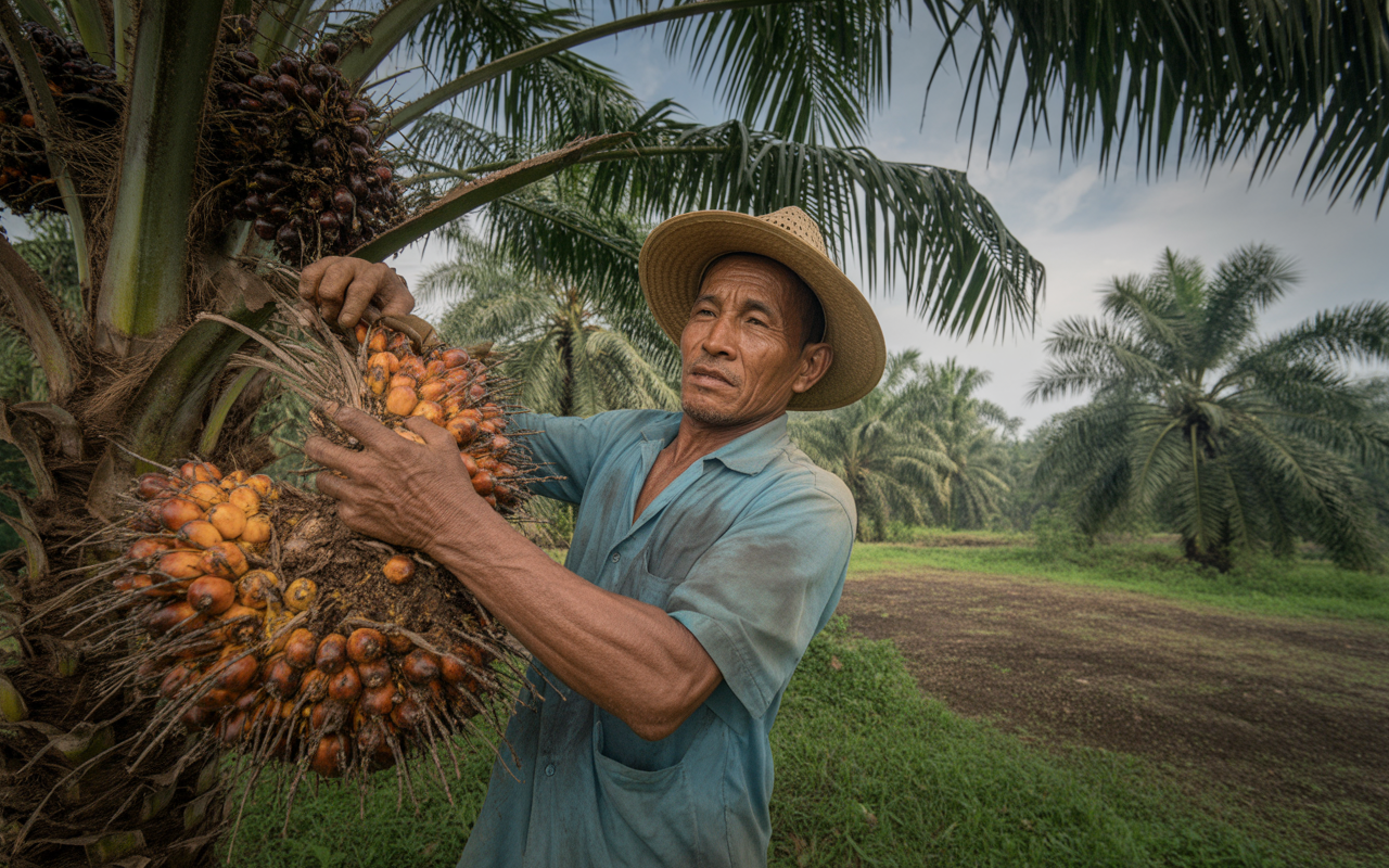 Homme avec un chapeau récoltant des grappes de fruits d'un palmier dans une plantation verdoyante sous un ciel nuageux.