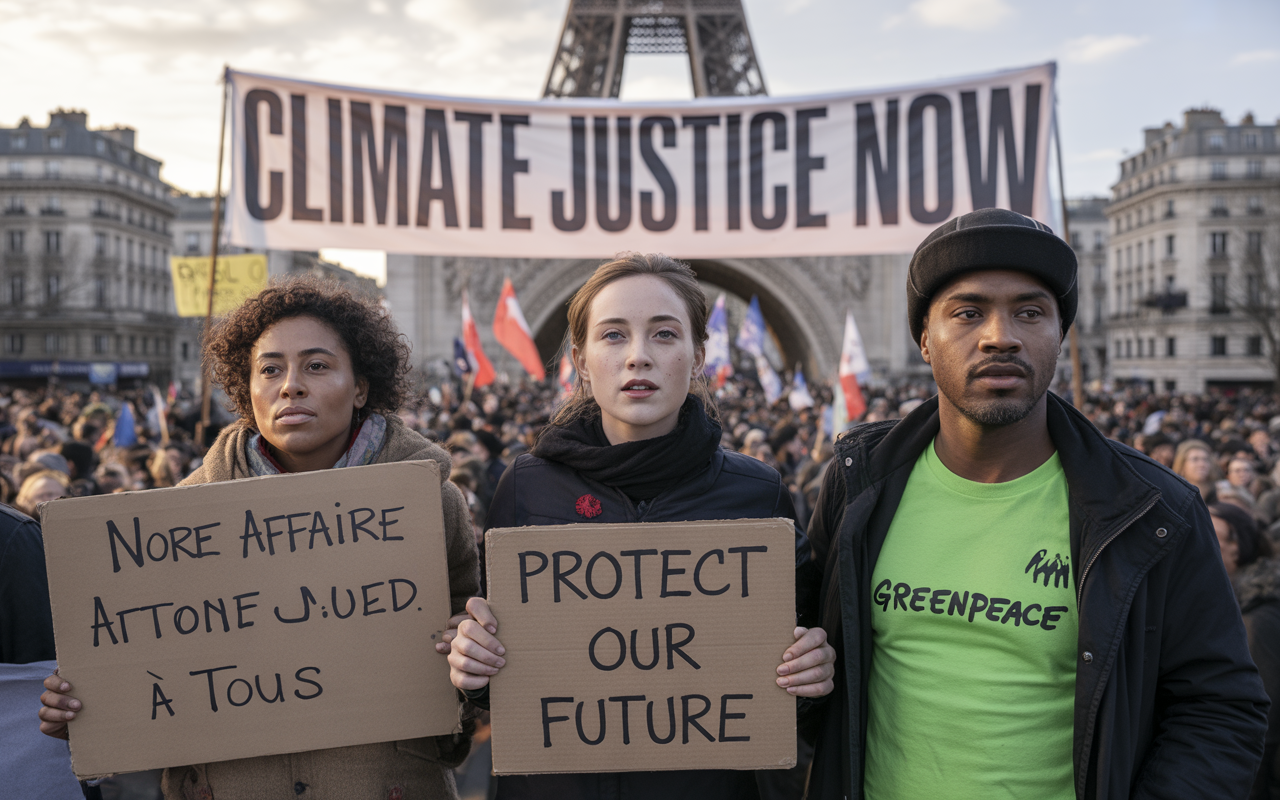 Manifestation devant la Tour Eiffel, avec des personnes tenant des pancartes pour la justice climatique. Slogan : "Protect our future".