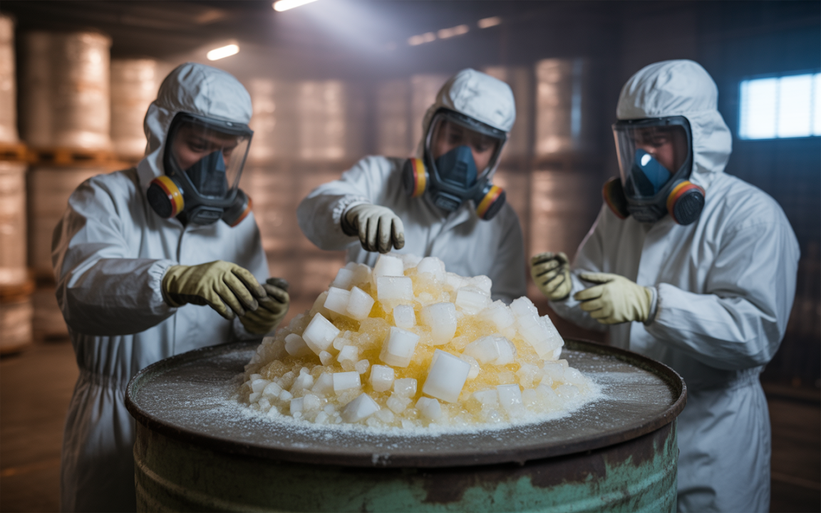 Trois personnes en tenue de protection manipulent des cubes de matière sur un bidon dans un environnement industriel.