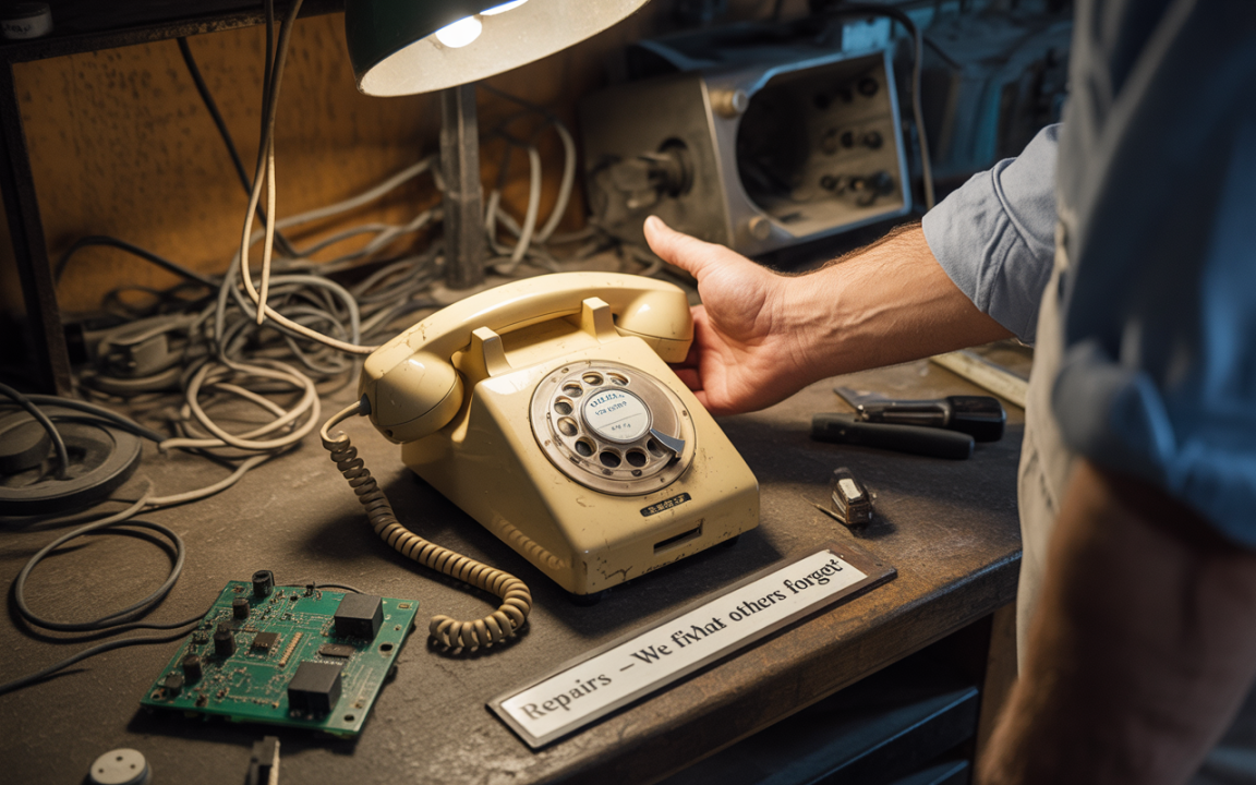 Une main touche un téléphone rotatif beige sur un plan de travail encombré d’outils et de circuits électroniques.
