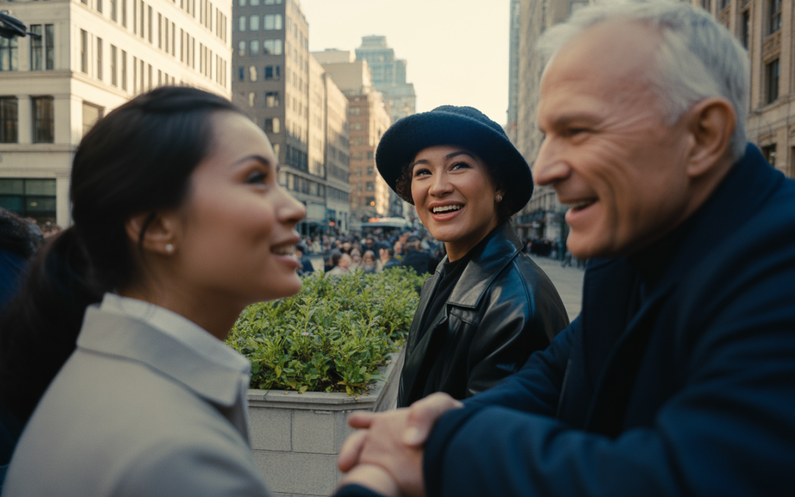 Trois personnes souriantes en pleine conversation, au milieu d'une rue animée, entourées d'imposants bâtiments urbains.