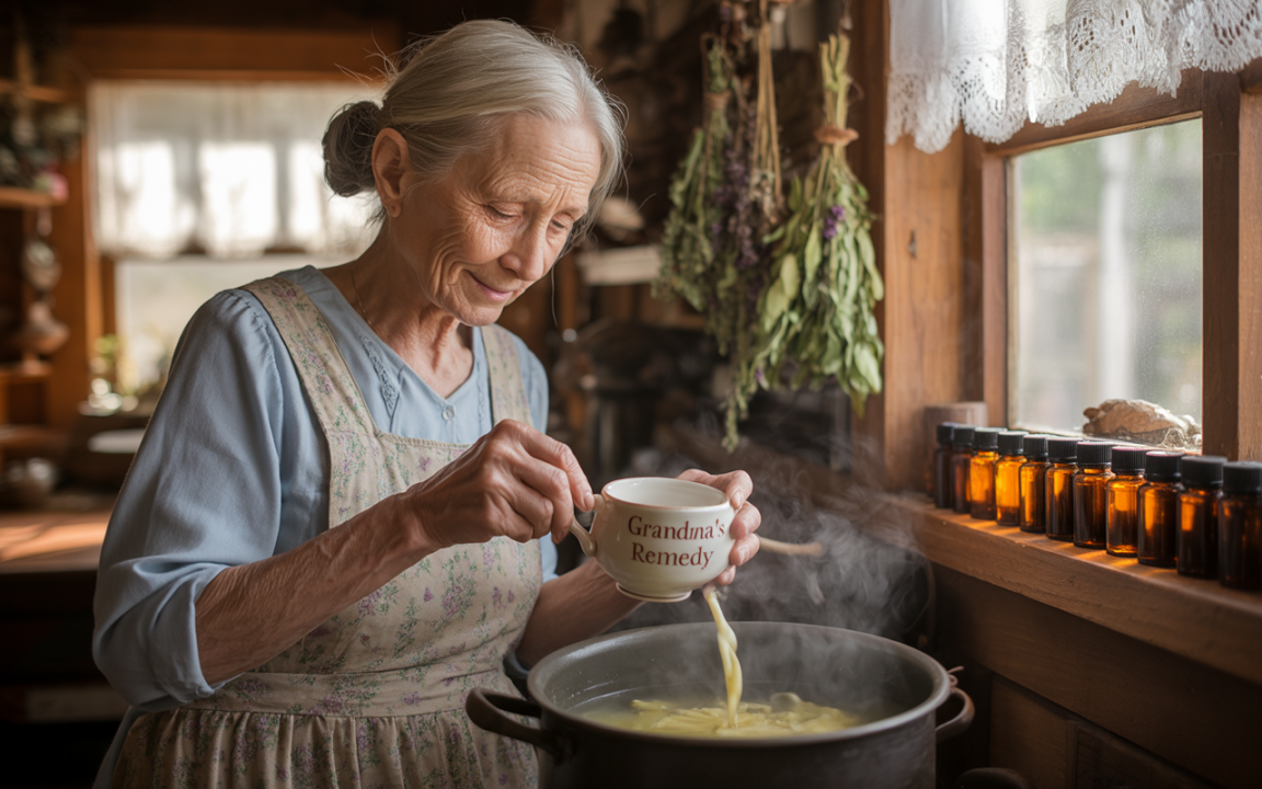 Une femme âgée prépare une potée dans une cuisine rustique, tenant une tasse avec l'inscription "Grandma's Remedy". Des herbes sèches pendant.