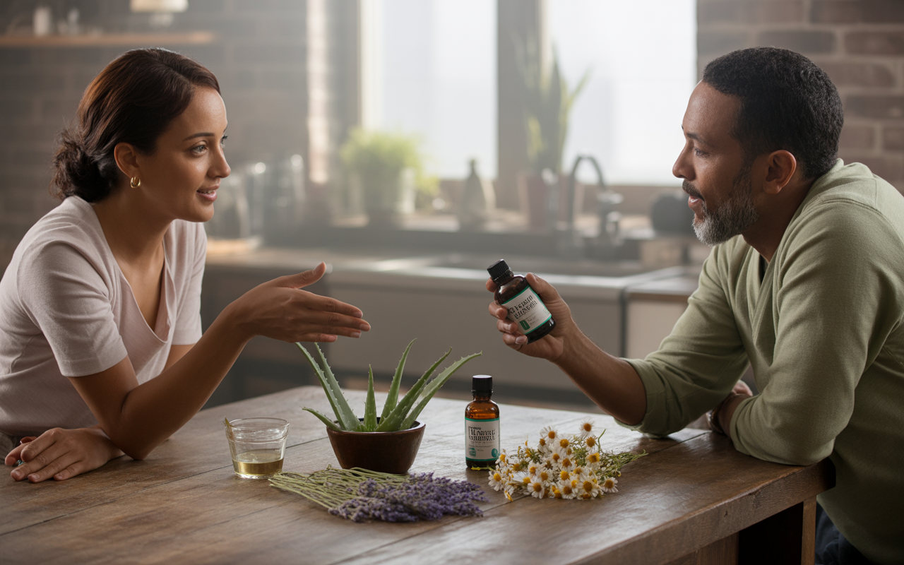 Deux personnes discutent autour d'une table en bois, entourées de plantes, d'huiles essentielles et de fleurs. Ambiance chaleureuse et naturelle.