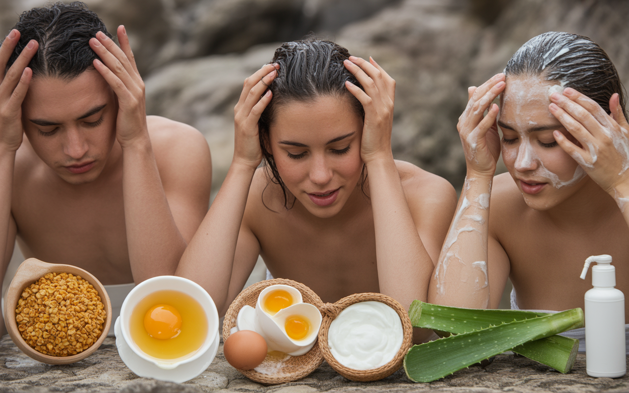 Trois personnes appliquent des soins capillaires et faciaux, entourées d'ingrédients naturels comme des œufs, du yaourt et de l'aloe vera.