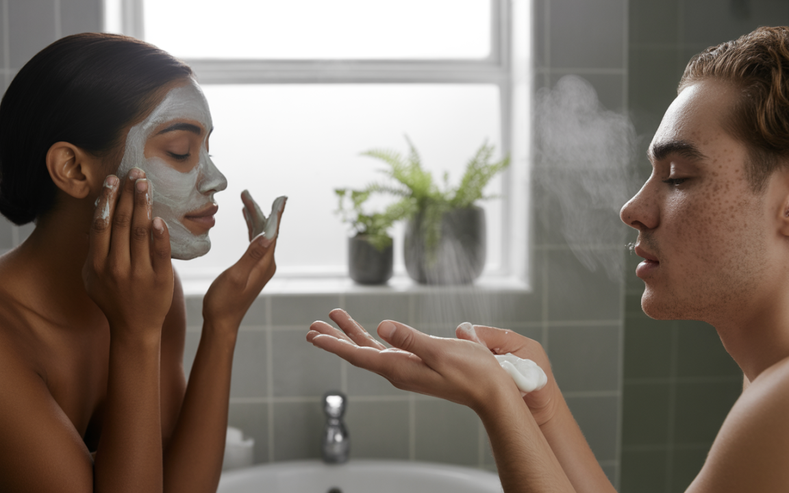 Deux personnes se trouvent dans une salle de bain, appliquant des produits de soin du visage. Une fenêtre laisse entrer la lumière naturelle.