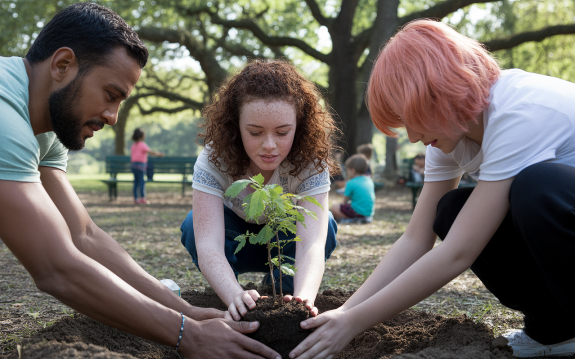 Trois personnes plantent un jeune arbre dans un parc, entourées d'enfants jouant, sous des arbres verdoyants.