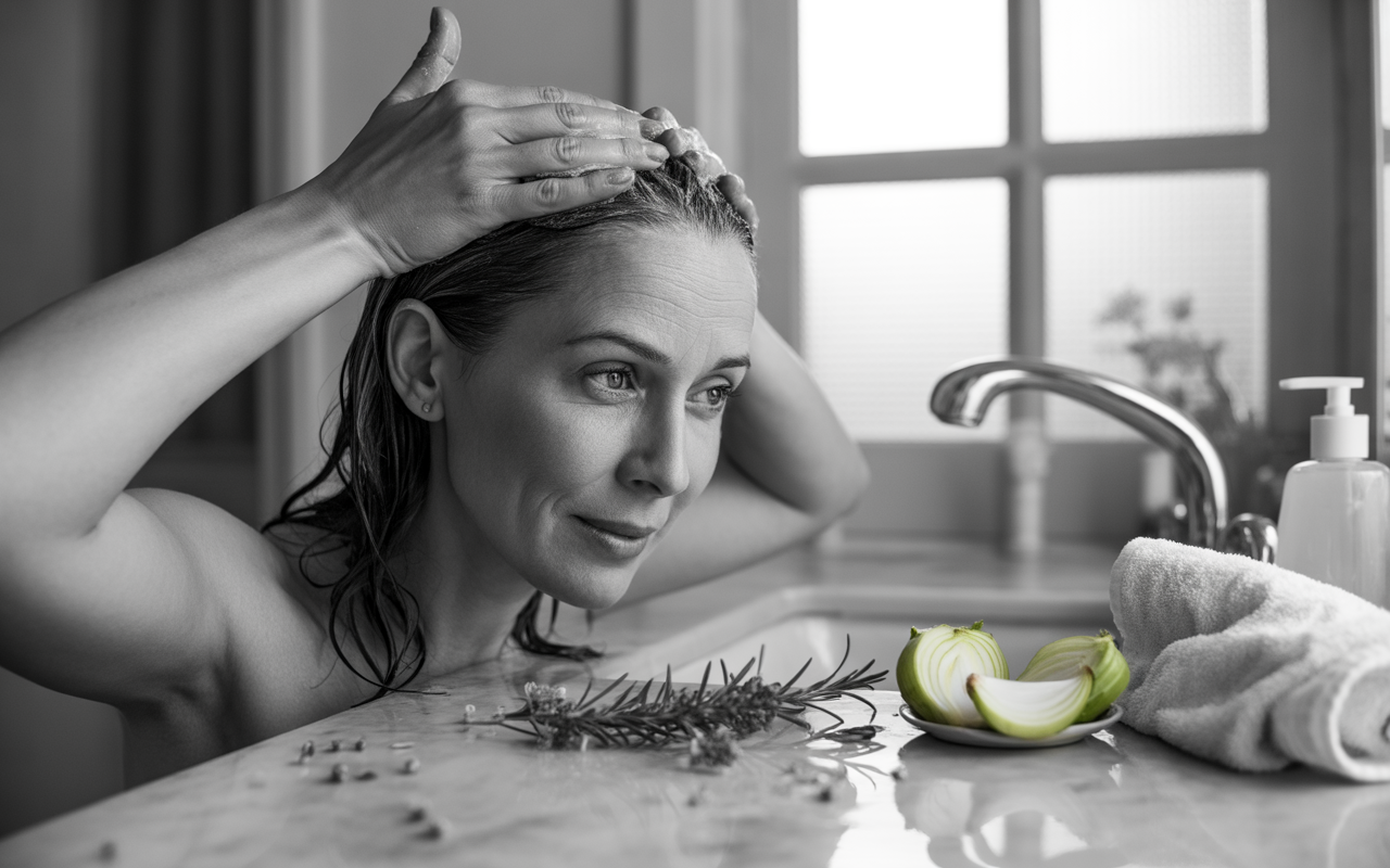 Femme lavant ses cheveux dans une baignoire, entourée d'herbes et de tranches de concombre, ambiance calme et naturelle.