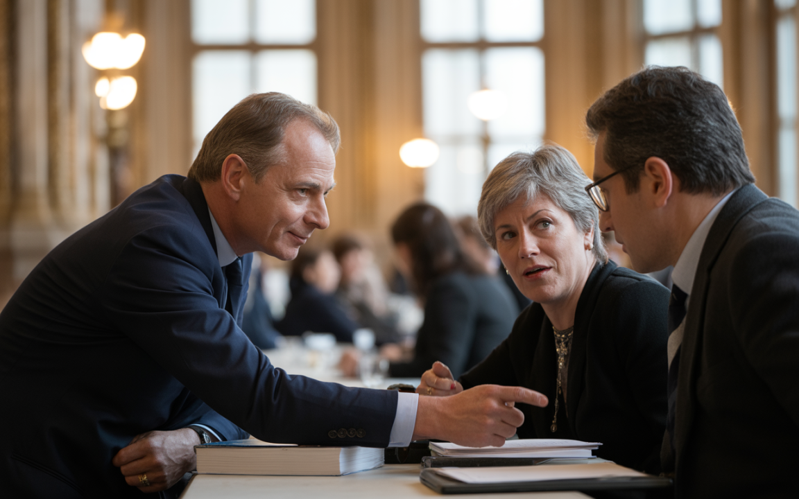 Trois personnes en discussions sérieuses autour d'une table, avec des livres et documents, dans un cadre élégant et d'affaires.