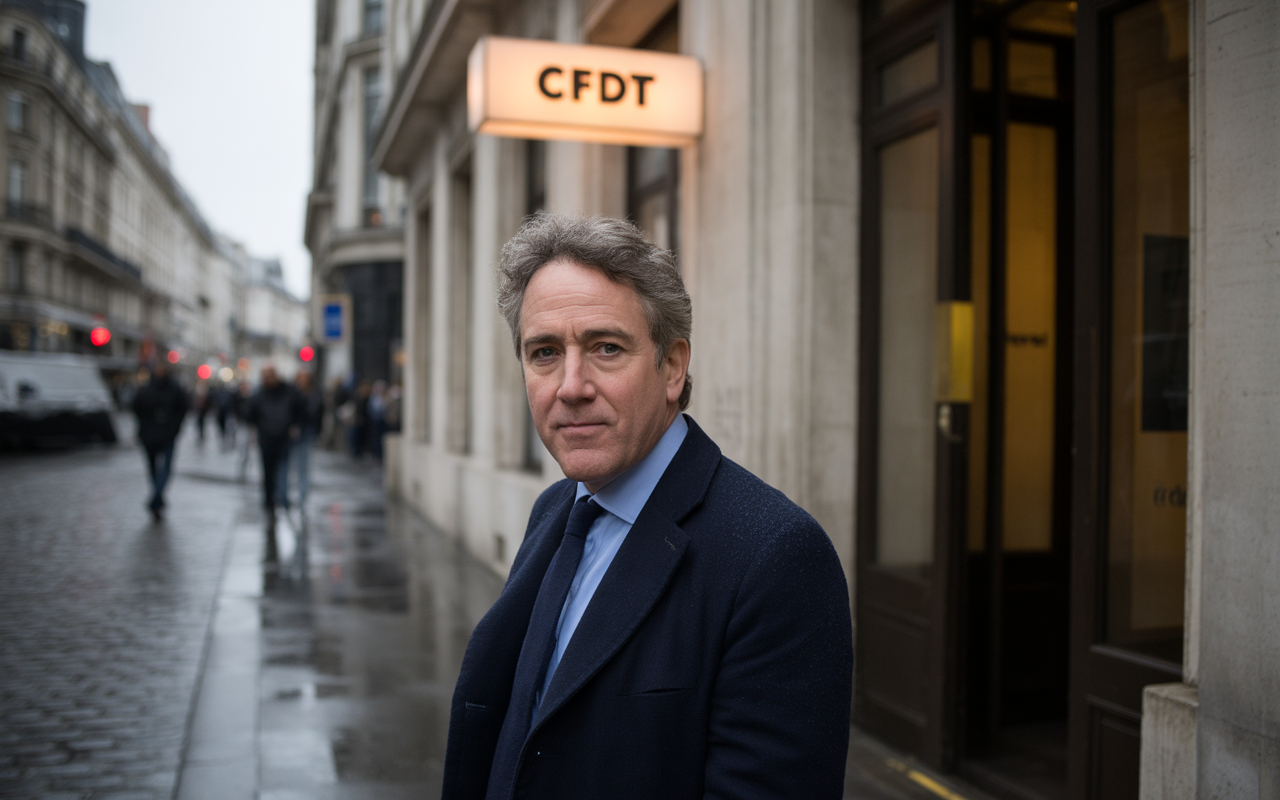 Homme au costume sombre se tenant devant le bâtiment de la CFDT, avec une rue parisienne animée en arrière-plan.
