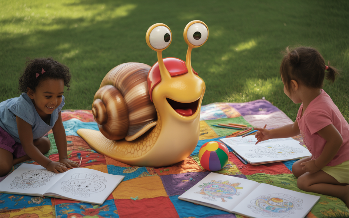 Deux enfants colorient autour d'une grande escargot souriant, assis sur une couverture colorée en plein air. Des crayons et une balle multicolore sont présents.