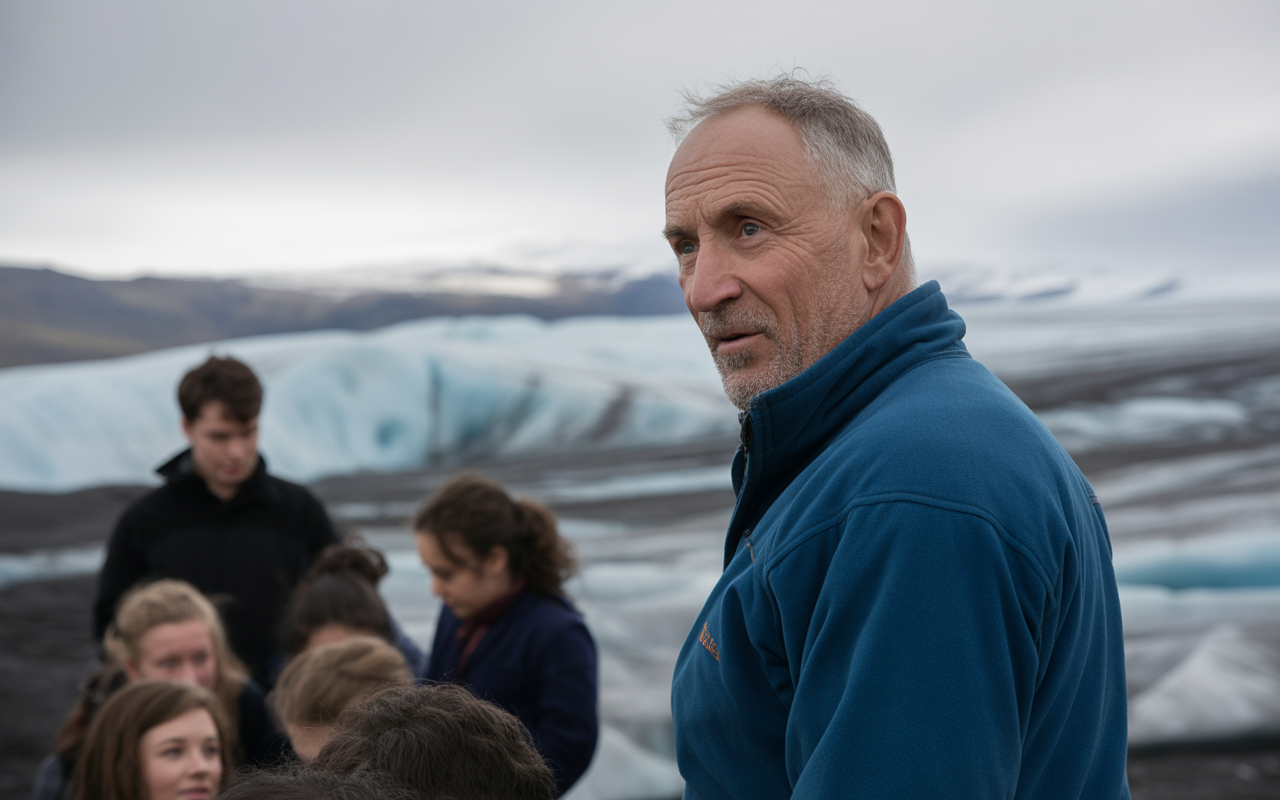 Un groupe de personnes écoute un guide sur un glacier, avec des montagnes en arrière-plan et un ciel nuageux.