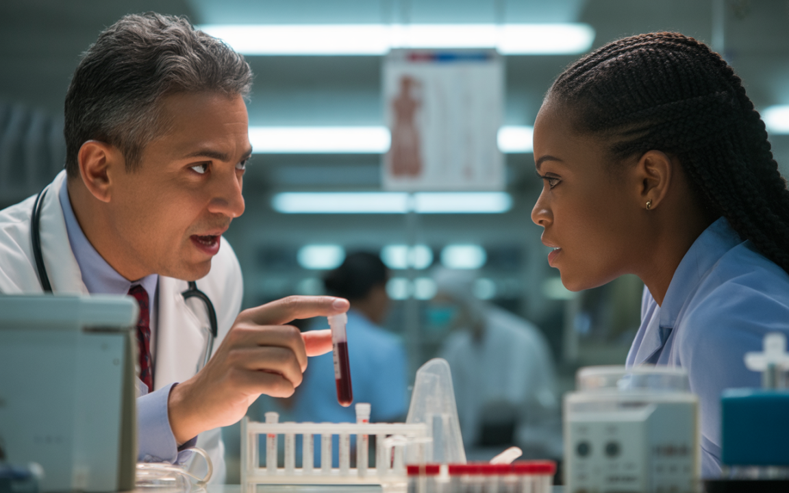 Deux professionnels de la santé discutent intensément dans un laboratoire, un tube à essai contenant du sang à la main.