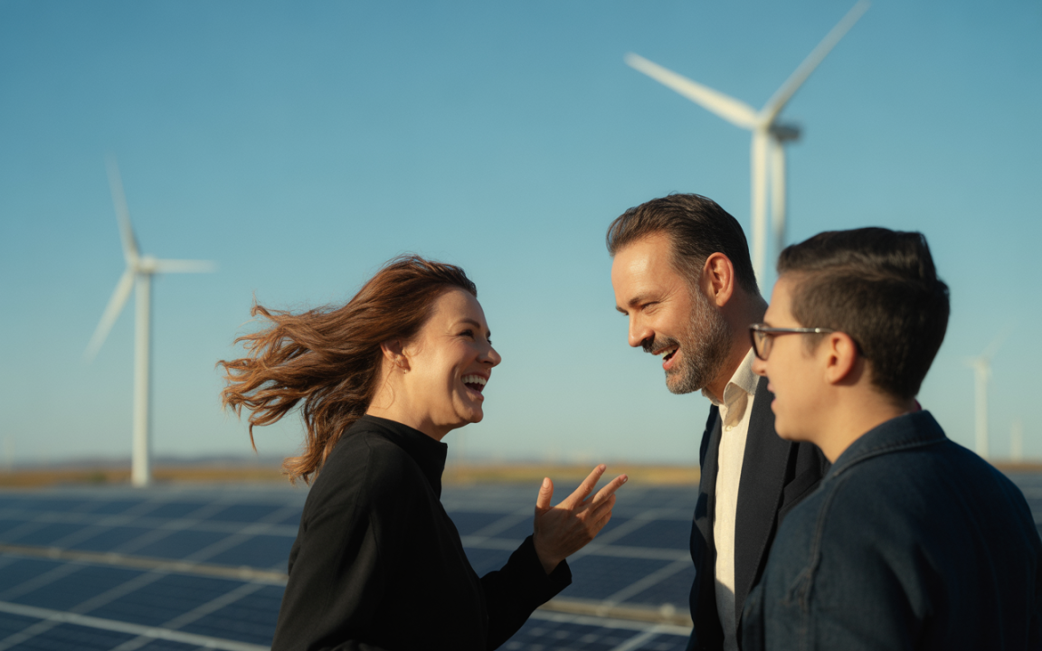 Trois personnes souriantes discutent devant des panneaux solaires, avec des éoliennes en arrière-plan sous un ciel bleu.