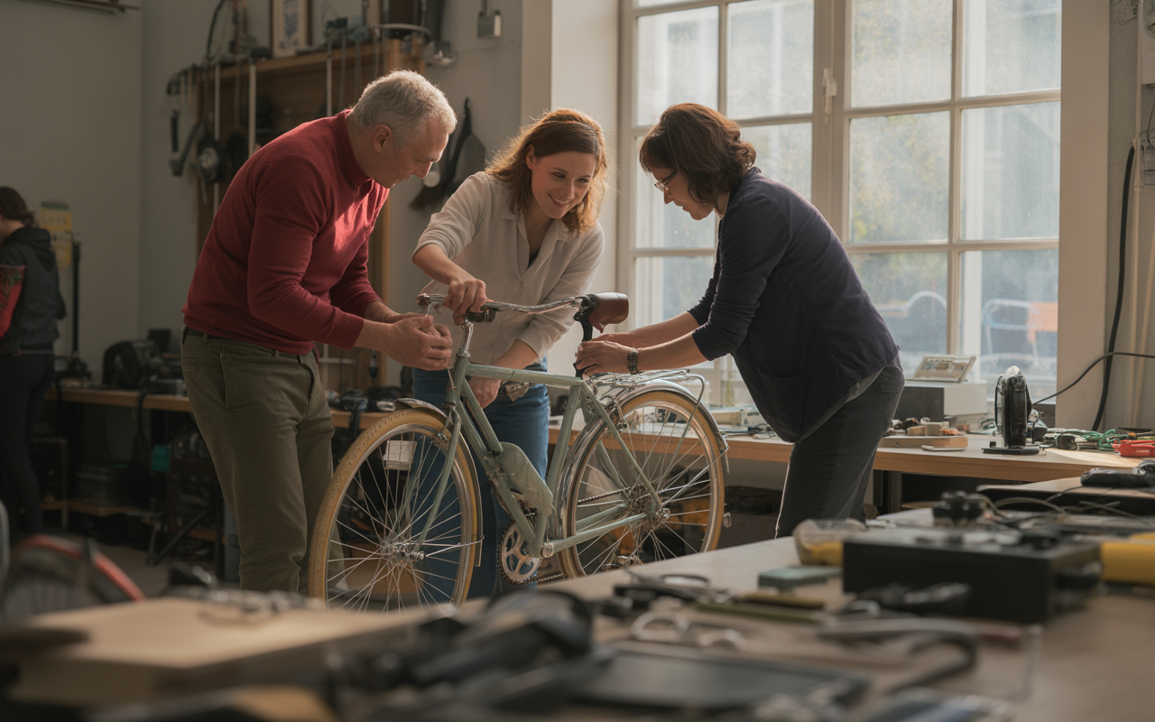 Trois personnes travaillent ensemble sur une bicyclette dans un atelier lumineux, entourées d'outils et de matériel.