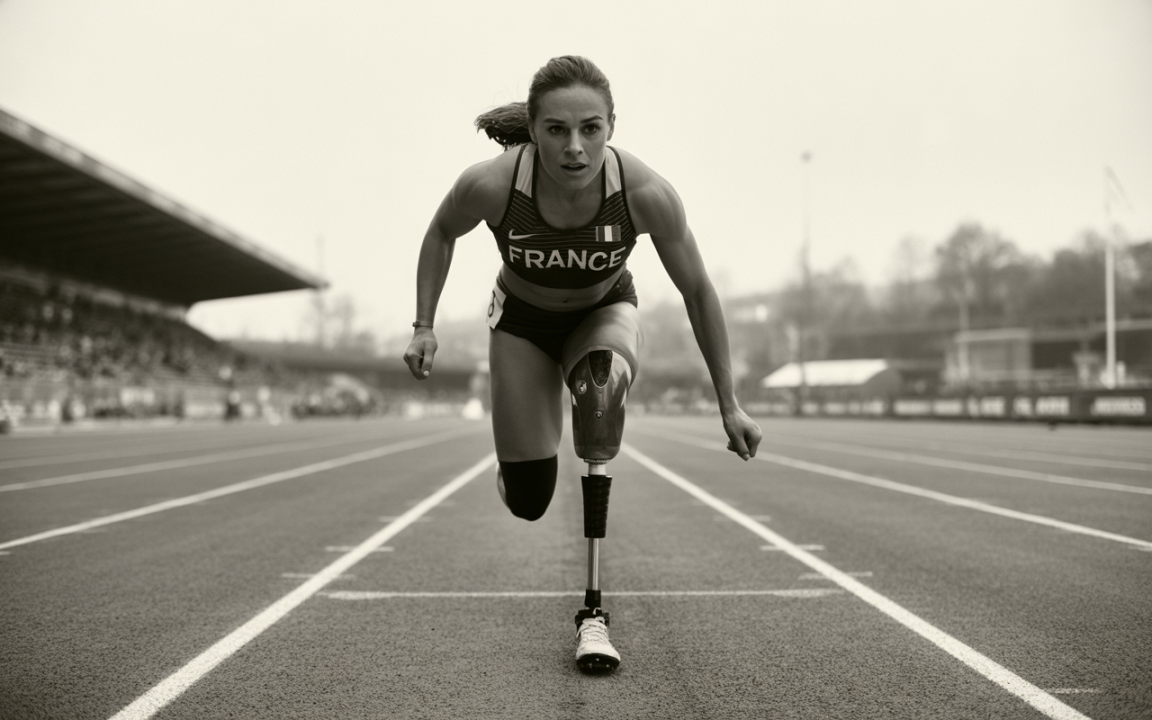 Athlète en pleine course sur une piste, utilisant une prothèse de jambe, concentrée et déterminée. Ambiance d'événement sportif.
