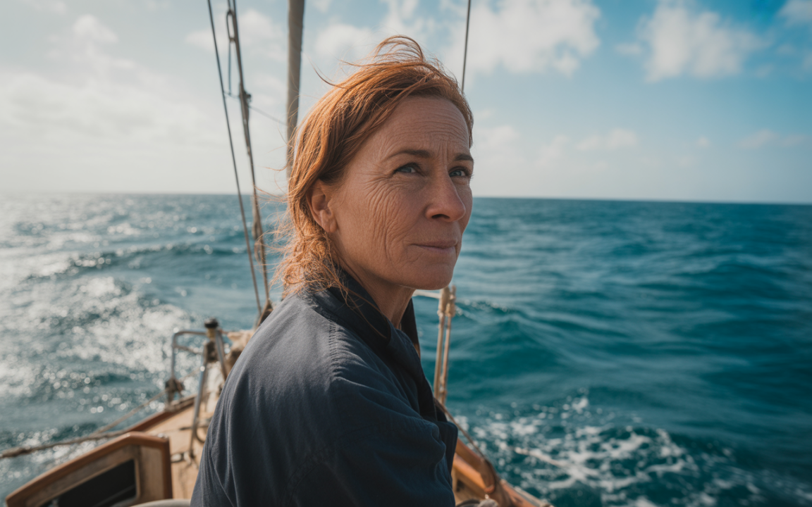 Femme sur un voilier, regardant au loin, mer agitée et ciel partiellement nuageux en arrière-plan. Atmosphère de sérénité.