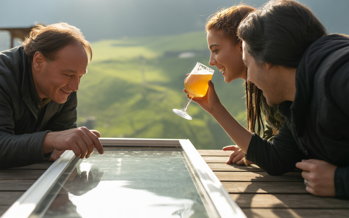 Trois personnes se réunissent autour d'une table en bois, partageant des sourires et des boissons, avec des paysages verdoyants en arrière-plan.