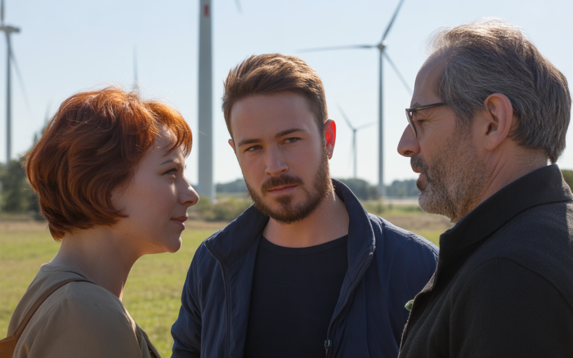 Trois personnes discutent sérieusement dans un champ, avec des éoliennes en arrière-plan et un ciel ensoleillé.