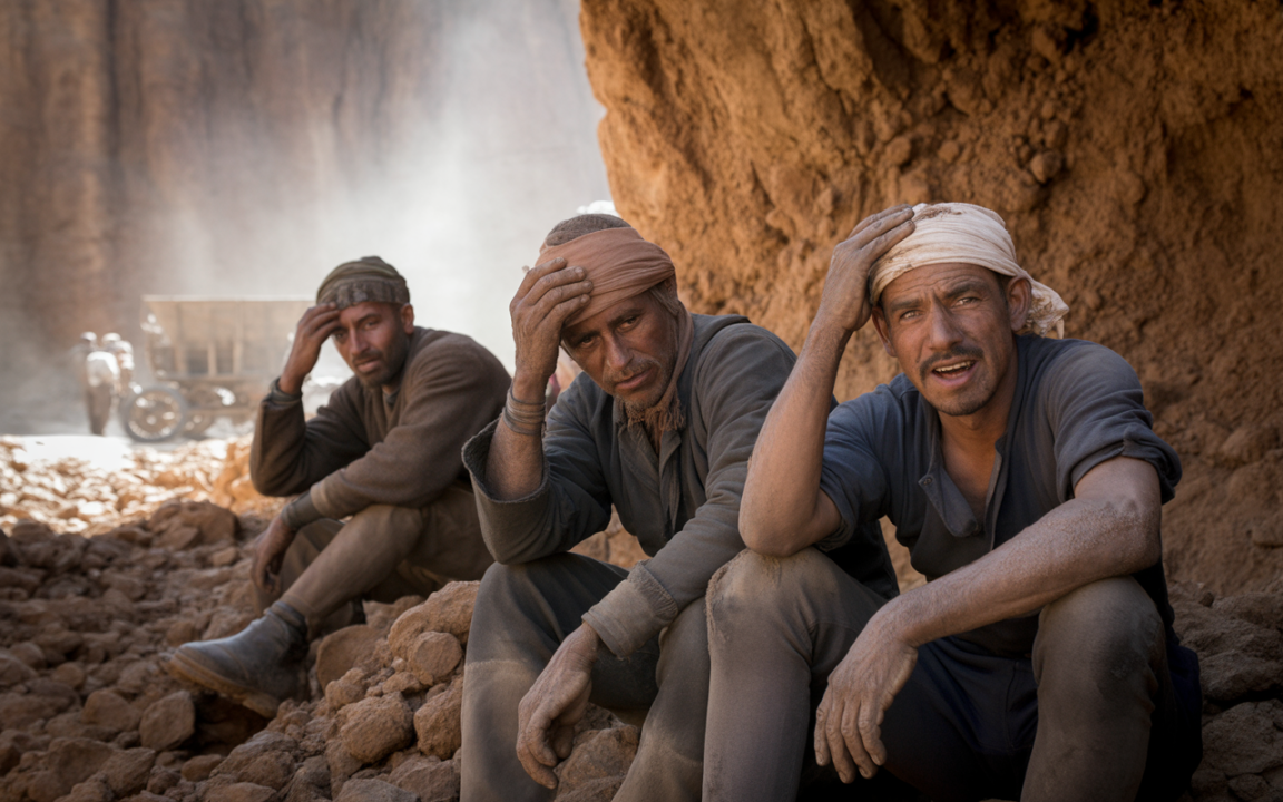 Trois hommes fatigués, assis sur des pierres, se reposent dans un environnement poussiéreux, tels des travailleurs d'un site de construction.
