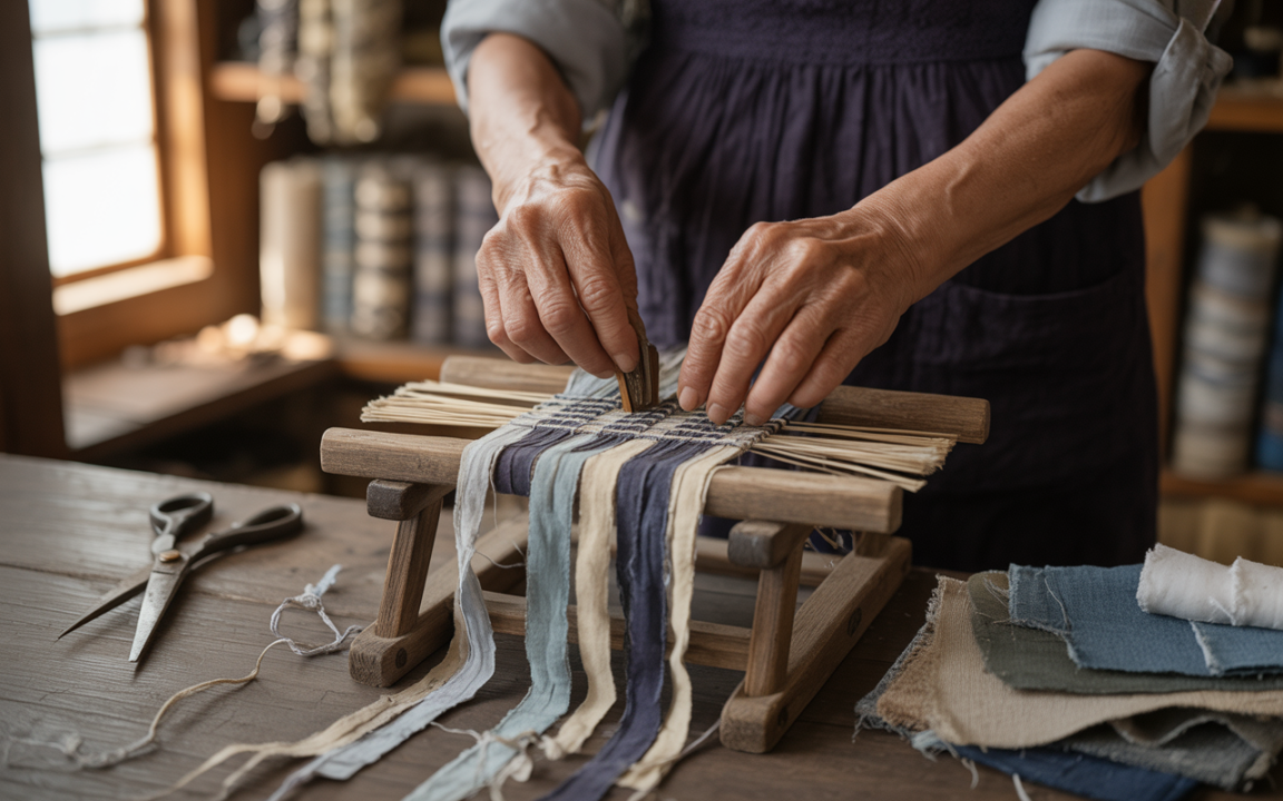 Une personne tisse des fils colorés sur un métier à tisser en bois, avec des morceaux de tissu à proximité et des ciseaux sur la table.