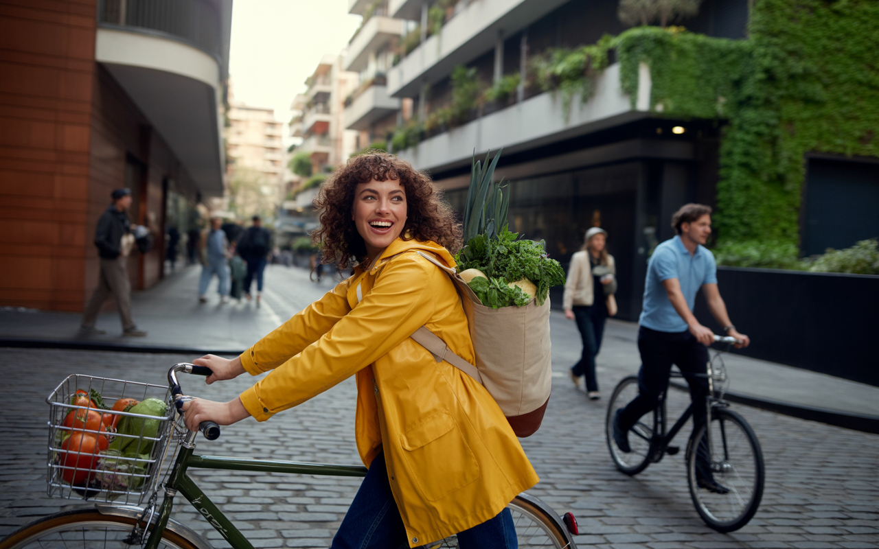 Femme souriante en imperméable jaune, faisant du vélo avec un panier de légumes. Rue moderne avec d'autres cyclistes en arrière-plan.