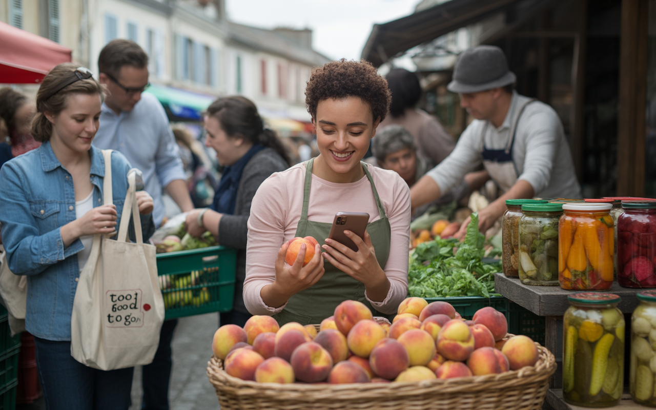 Femme souriante tenant une pêche et un téléphone dans un marché animé, entourée de fruits et légumes. Grandes bacs et pots de conserve visibles.