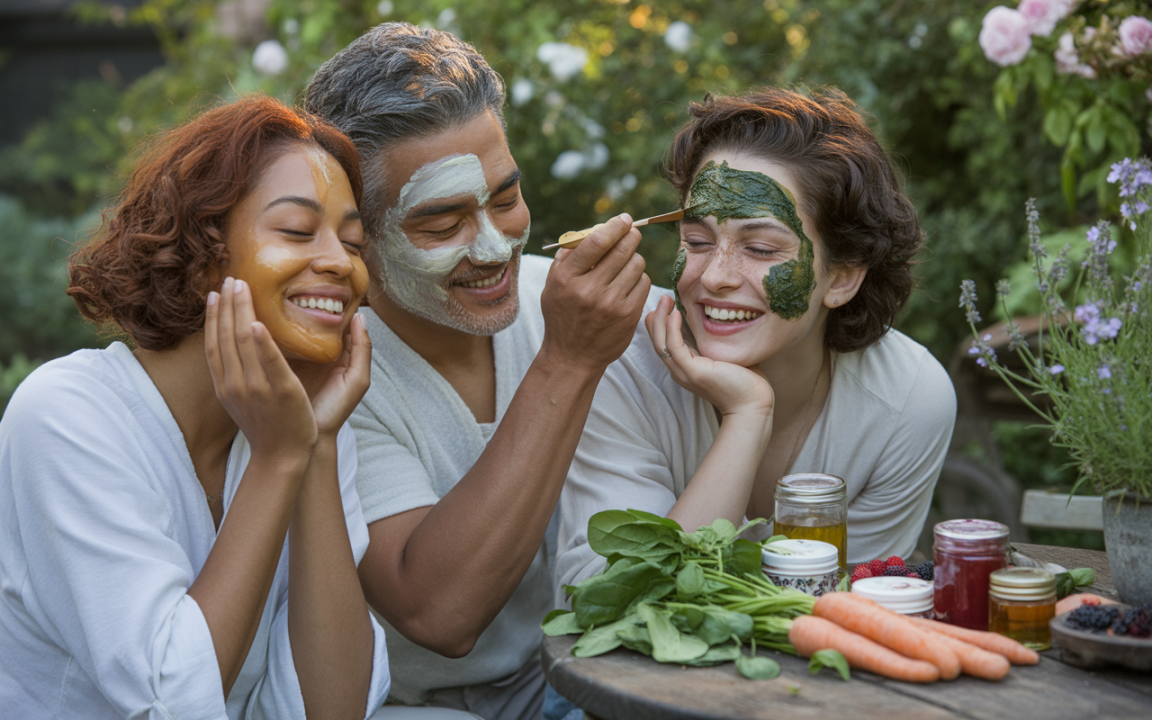 Trois personnes souriantes appliquent des masques faciaux naturels dans un jardin, entourées de légumes et de confitures.